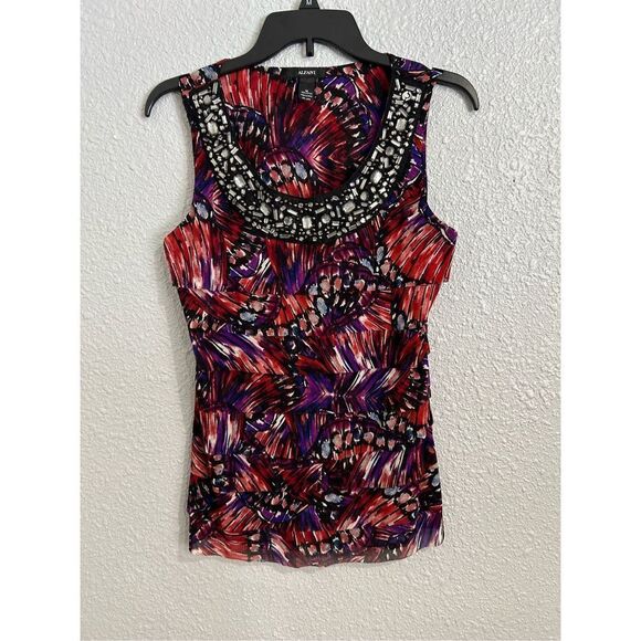 Blouse Abstract Design Purple Red Black halter style Rhinestone’s Bling Bodice. - Picture 1 of 6